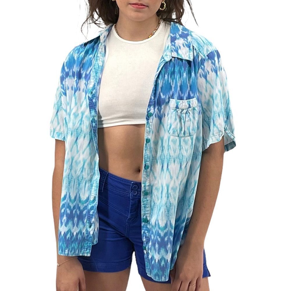 Oversized Camp Shirt Short Sleeve Button Up Blue White Ikat Print | Small/Medium - Picture 3 of 7